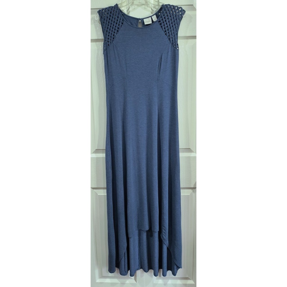 Chicos Blue Lattice Shoulder High Low Maxi Dress Sleeveless‎ Stretch Size 0 (4)